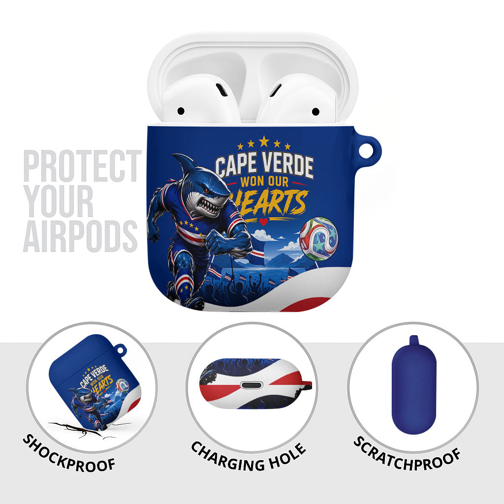 Cape Verde Won Our Hearts Soccer AirPods Case Blue Sharks Football Mascot Patriotic National Team