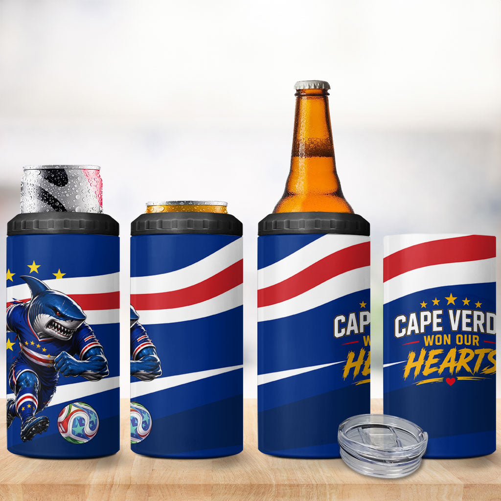 Cape Verde Won Our Hearts Soccer 4 in 1 Can Cooler Tumbler Blue Sharks Football Mascot Patriotic National Team