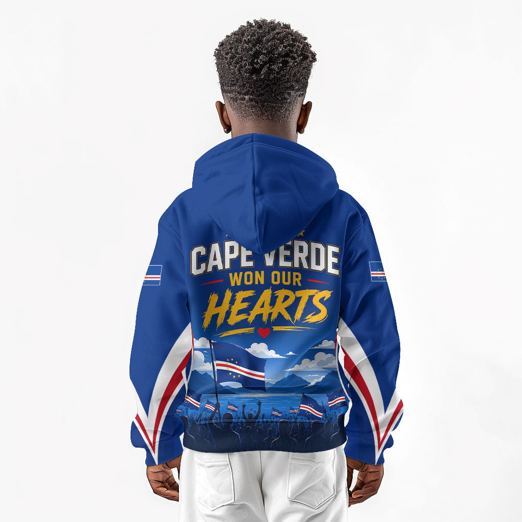 Cape Verde Won Our Hearts Soccer Kid Hoodie Blue Sharks Football Mascot Patriotic National Team