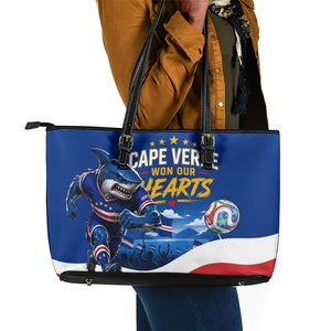 Cape Verde Won Our Hearts Soccer Leather Tote Bag Blue Sharks Football Mascot Patriotic National Team
