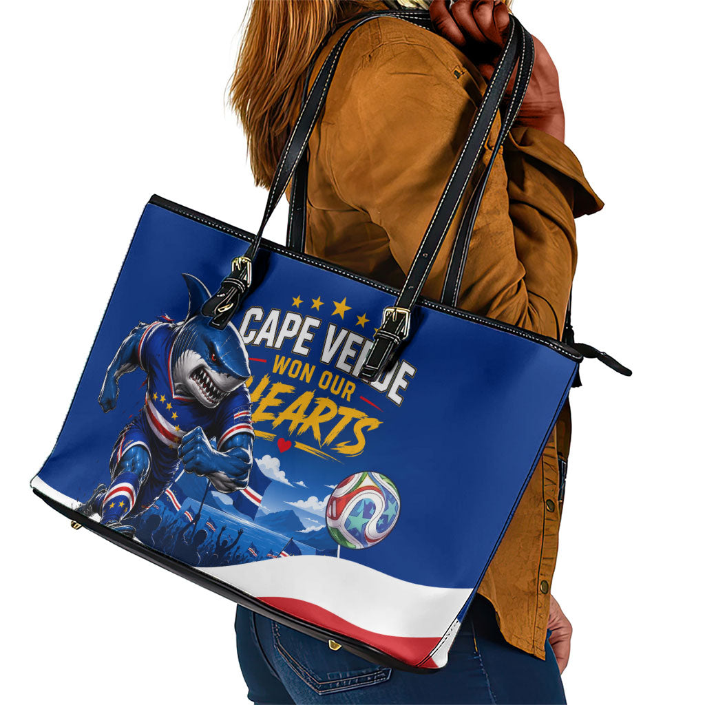 Cape Verde Won Our Hearts Soccer Leather Tote Bag Blue Sharks Football Mascot Patriotic National Team