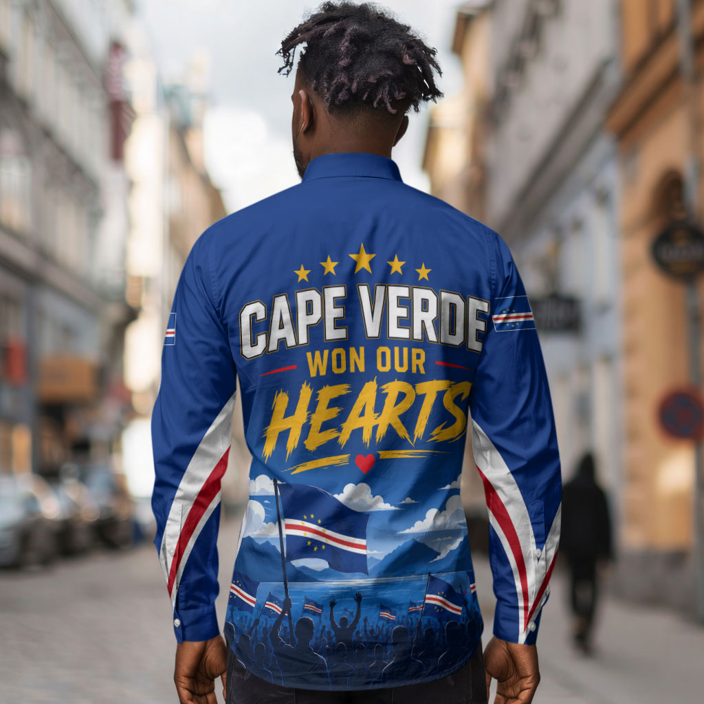 Cape Verde Won Our Hearts Soccer Long Sleeve Button Shirt Blue Sharks Football Mascot Patriotic National Team