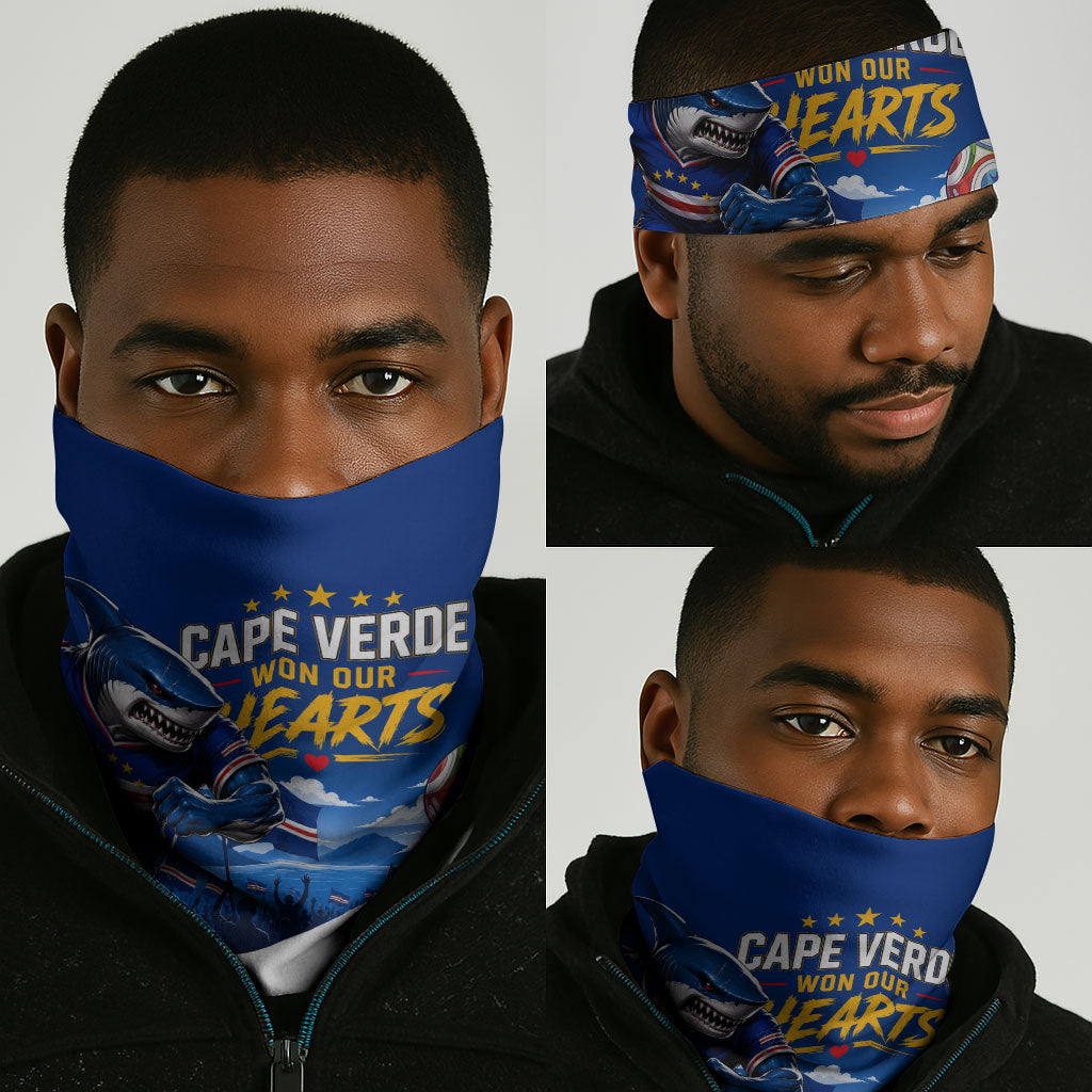 Cape Verde Won Our Hearts Soccer Neck Gaiter Blue Sharks Football Mascot Patriotic National Team