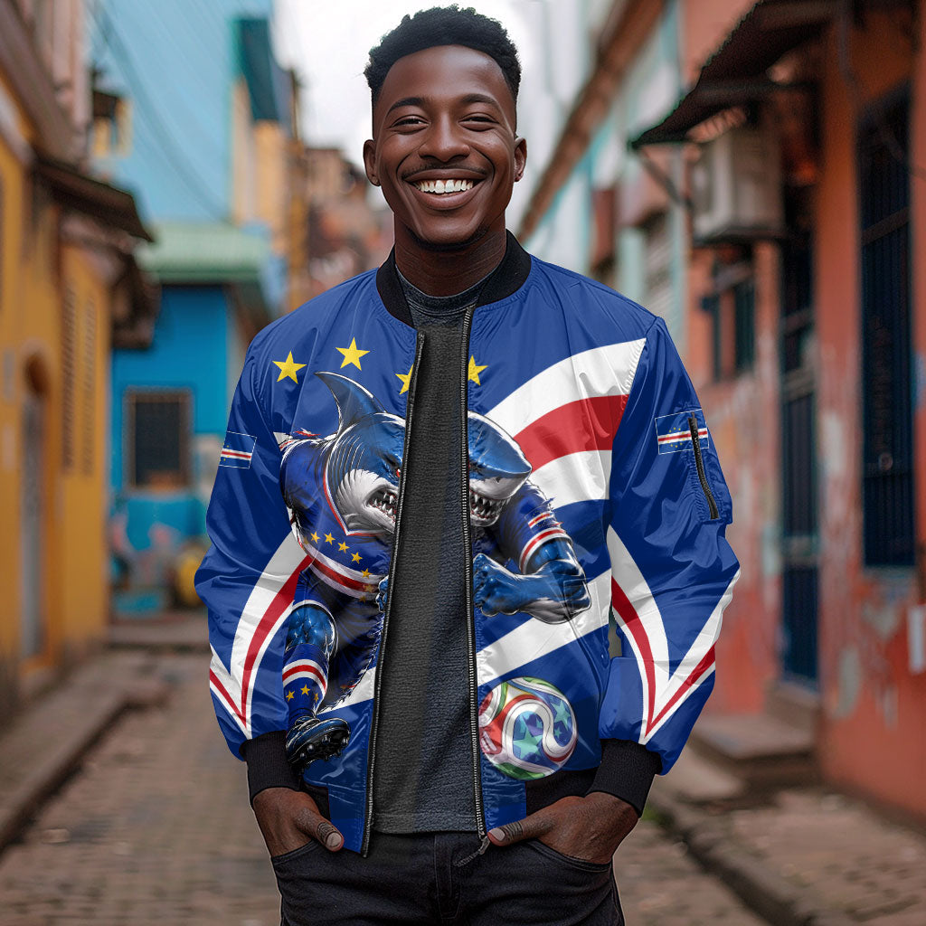 Cape Verde Won Our Hearts Soccer Sleeve Zip Bomber Jacket Blue Sharks Football Mascot Patriotic National Team