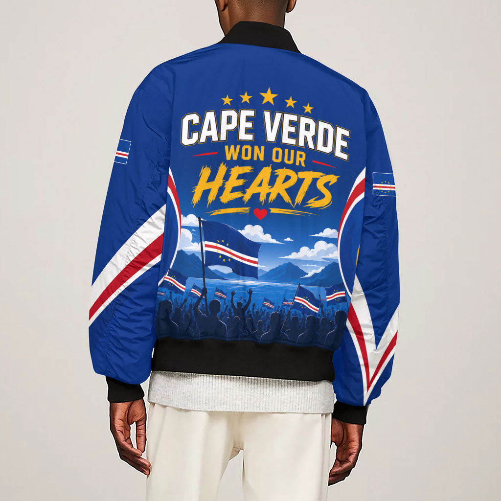 Cape Verde Won Our Hearts Soccer Sleeve Zip Bomber Jacket Blue Sharks Football Mascot Patriotic National Team