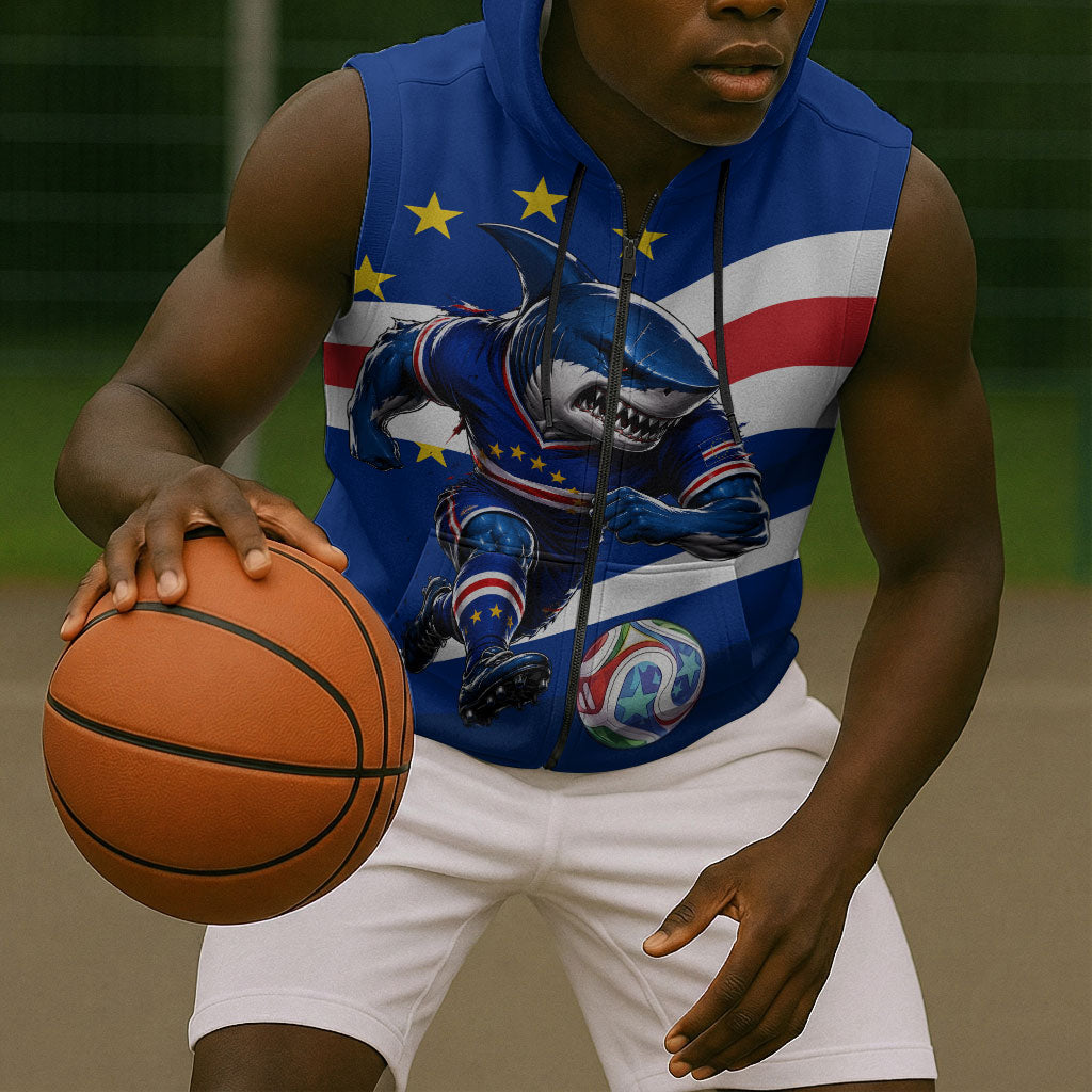 Cape Verde Won Our Hearts Soccer Sleeveless Zip Hoodie Blue Sharks Football Mascot Patriotic National Team