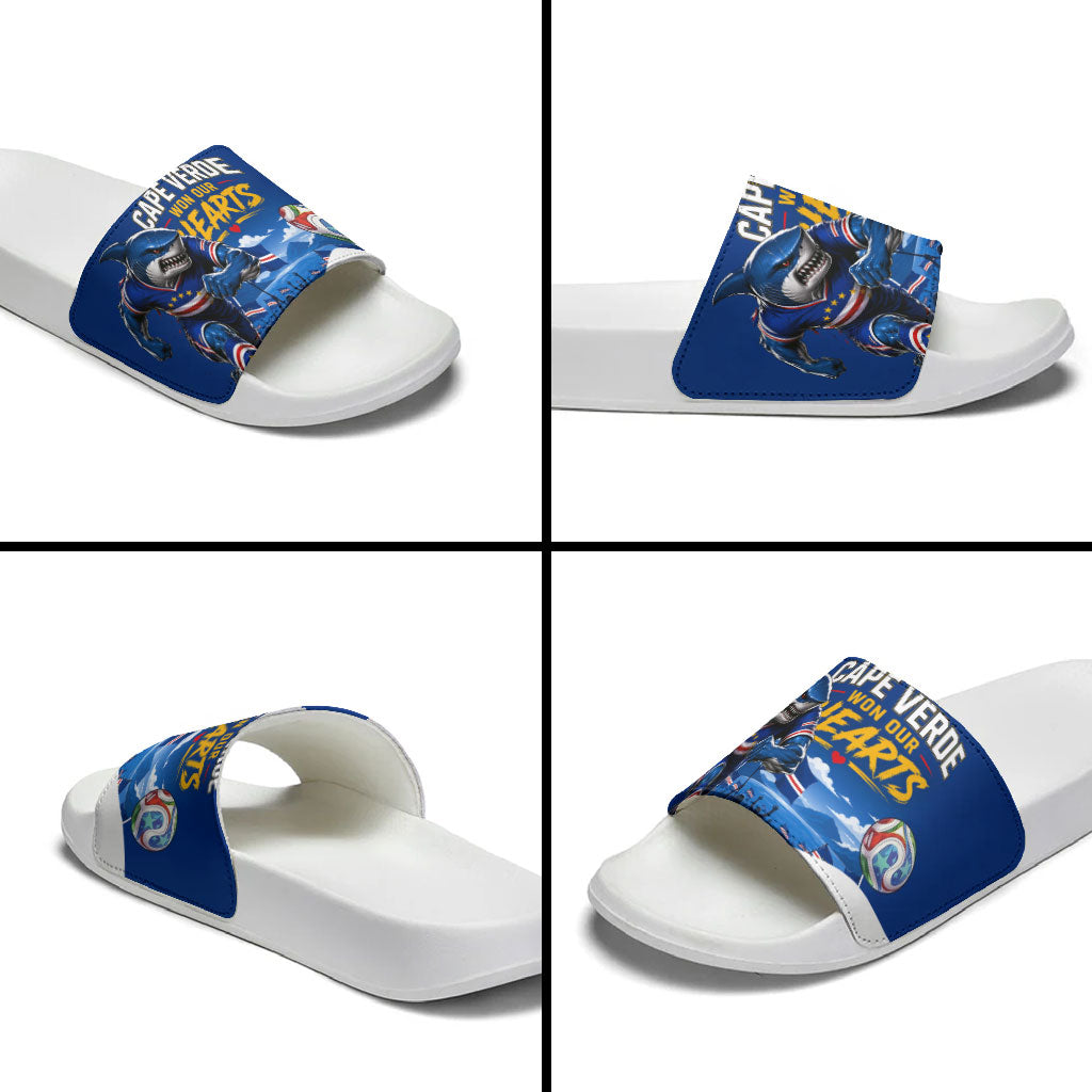 Cape Verde Won Our Hearts Soccer Slide Sandals Blue Sharks Football Mascot Patriotic National Team
