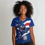 Cape Verde Won Our Hearts Soccer Women V-Neck T-Shirt Blue Sharks Football Mascot Patriotic National Team