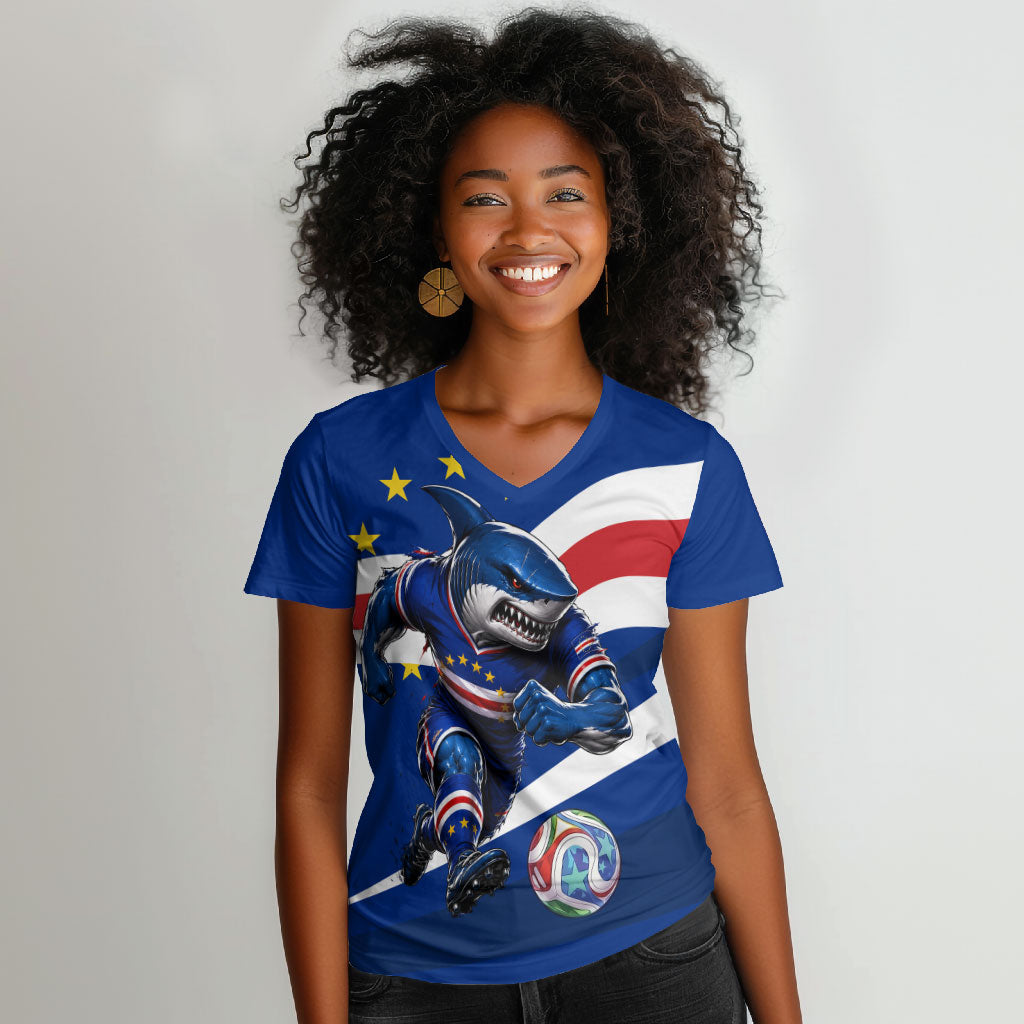 Cape Verde Won Our Hearts Soccer Women V-Neck T-Shirt Blue Sharks Football Mascot Patriotic National Team
