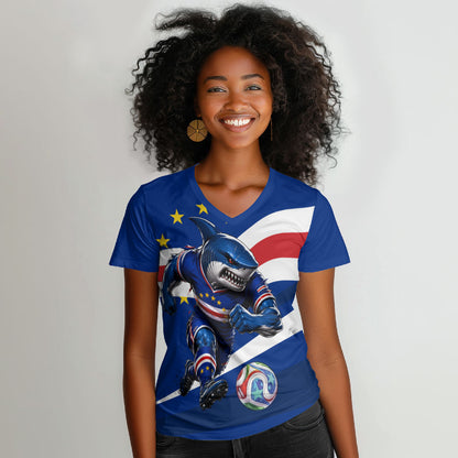Cape Verde Won Our Hearts Soccer Women V-Neck T-Shirt Blue Sharks Football Mascot Patriotic National Team