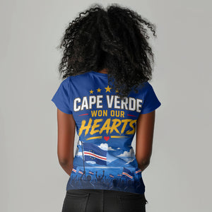 Cape Verde Won Our Hearts Soccer Women V-Neck T-Shirt Blue Sharks Football Mascot Patriotic National Team