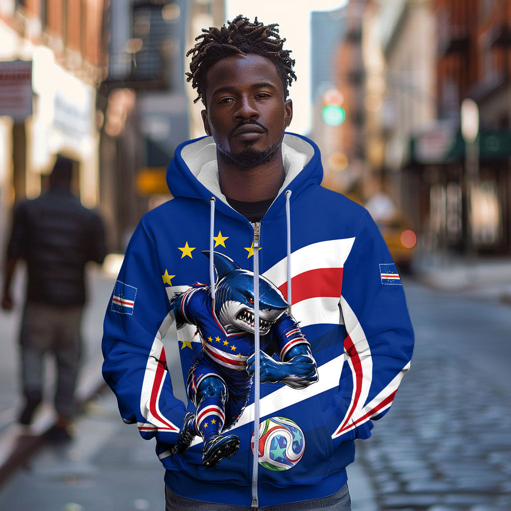 Cape Verde Won Our Hearts Soccer Zip Hoodie Blue Sharks Football Mascot Patriotic National Team