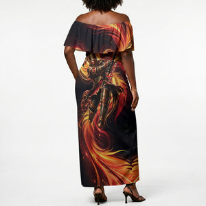 Trinbago Knight Riders Cricket Off Shoulder Maxi Dress Trinidad and Tobago Fiery Knight Warrior Bat Flame