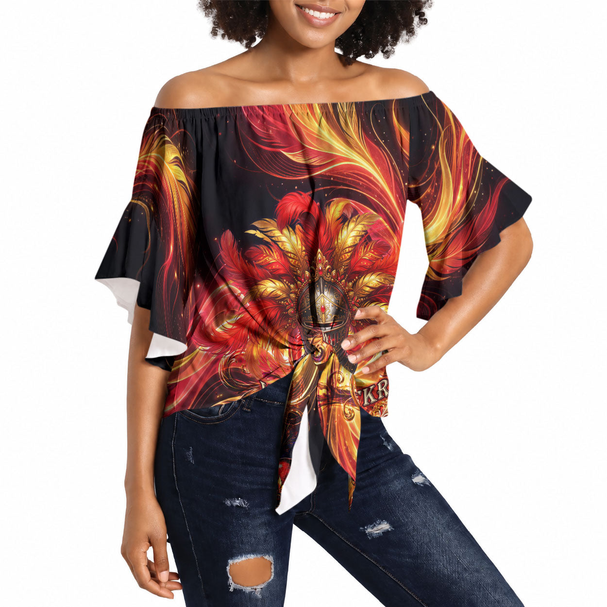 Trinbago Knight Riders Cricket Off Shoulder Wrap Waist Top Trinidad and Tobago Fiery Knight Warrior Bat Flame