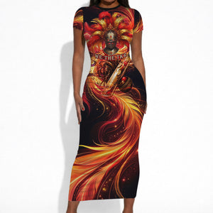 Trinbago Knight Riders Cricket Short Sleeve Bodycon Dress Trinidad and Tobago Fiery Knight Warrior Bat Flame