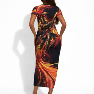 Trinbago Knight Riders Cricket Short Sleeve Bodycon Dress Trinidad and Tobago Fiery Knight Warrior Bat Flame
