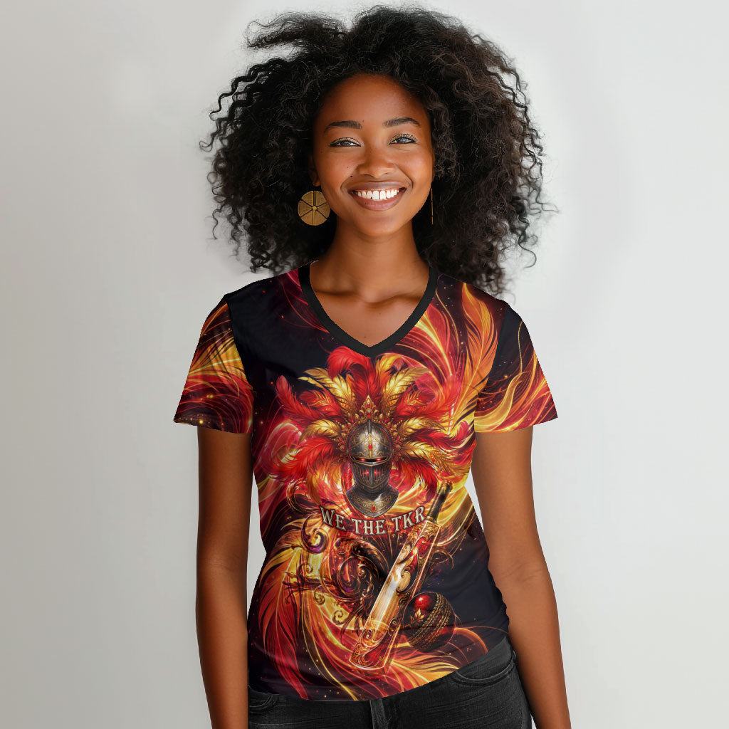 Trinbago Knight Riders Cricket Women V-Neck T-Shirt Trinidad and Tobago Fiery Knight Warrior Bat Flame
