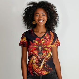 Trinbago Knight Riders Cricket Women V-Neck T-Shirt Trinidad and Tobago Fiery Knight Warrior Bat Flame