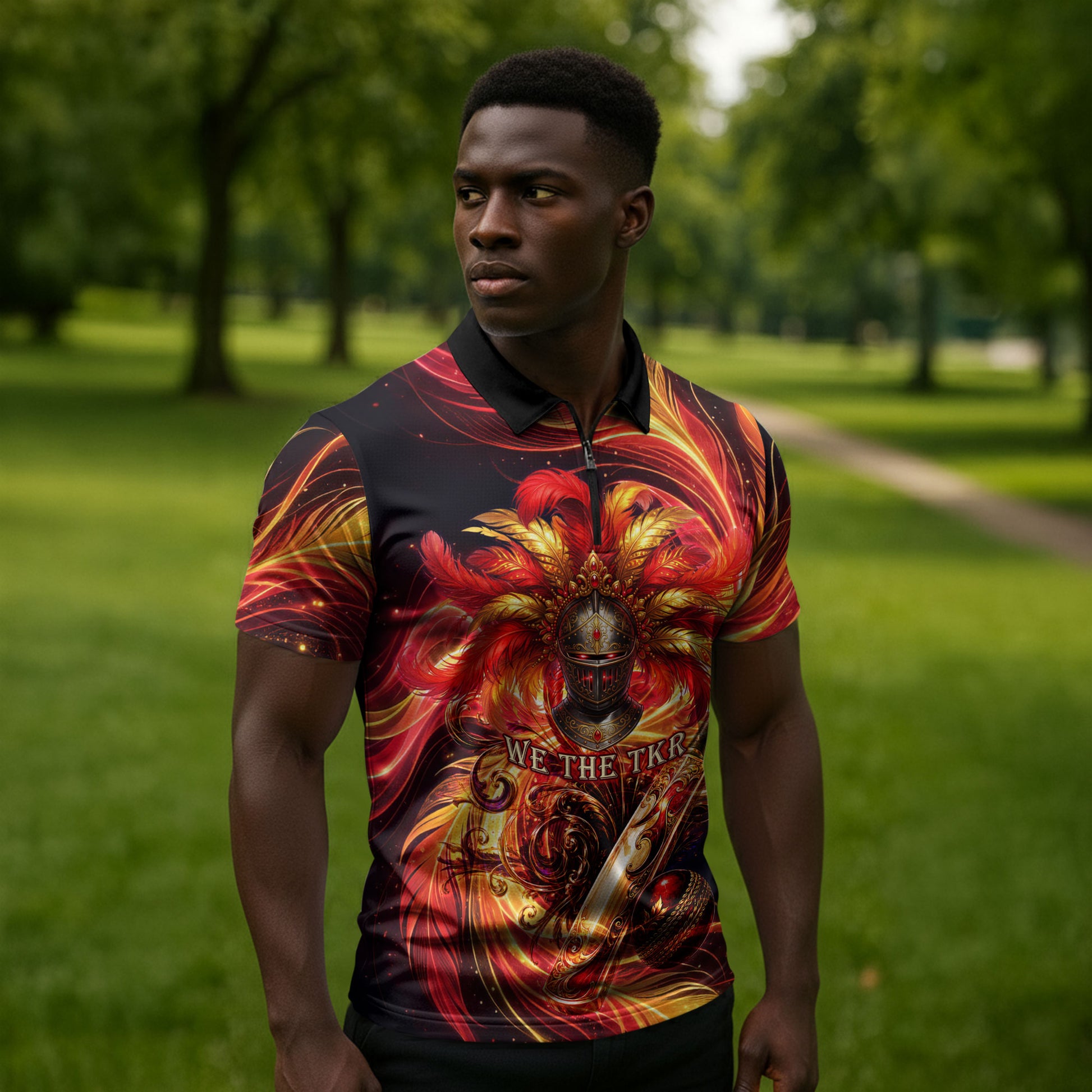 Trinbago Knight Riders Cricket Zipper Polo Shirt Trinidad and Tobago Fiery Knight Warrior Bat Flame
