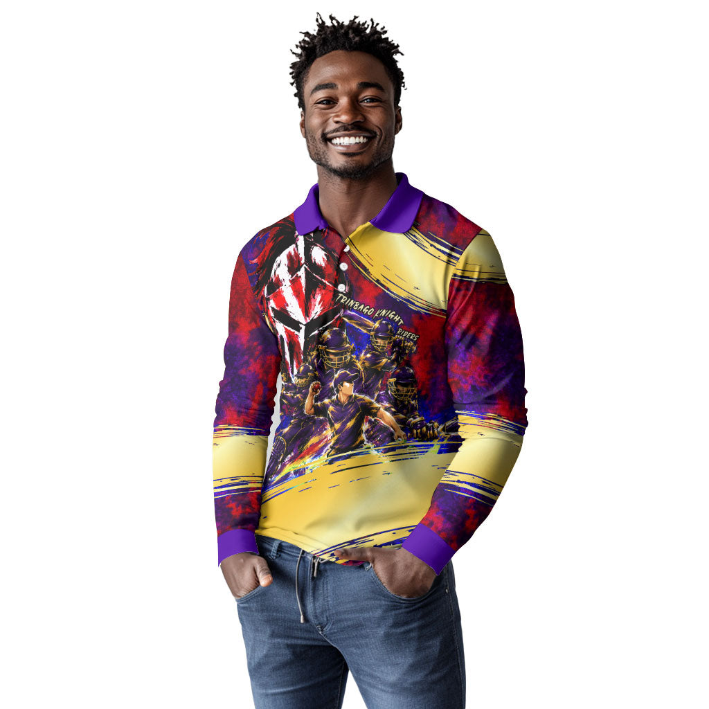 Trinbago Knight Riders Cricket Long Sleeve Polo Shirt Trinidad and Tobago Unleash The Knight Brush Stroke