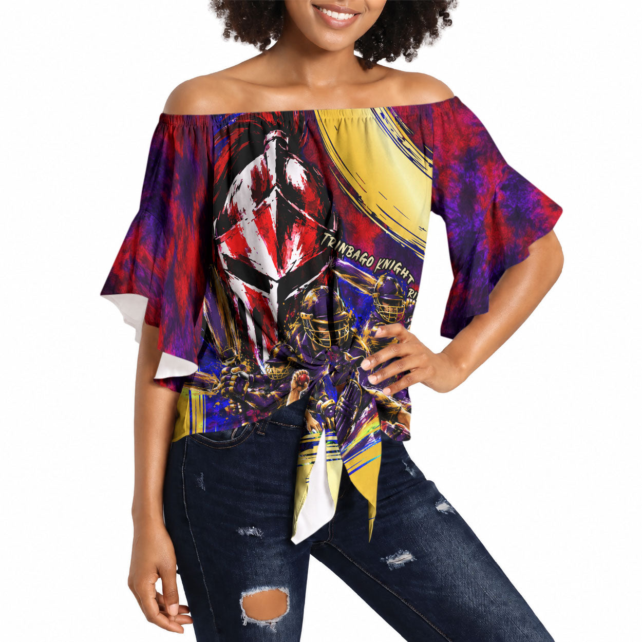 Trinbago Knight Riders Cricket Off Shoulder Wrap Waist Top Trinidad and Tobago Unleash The Knight Brush Stroke