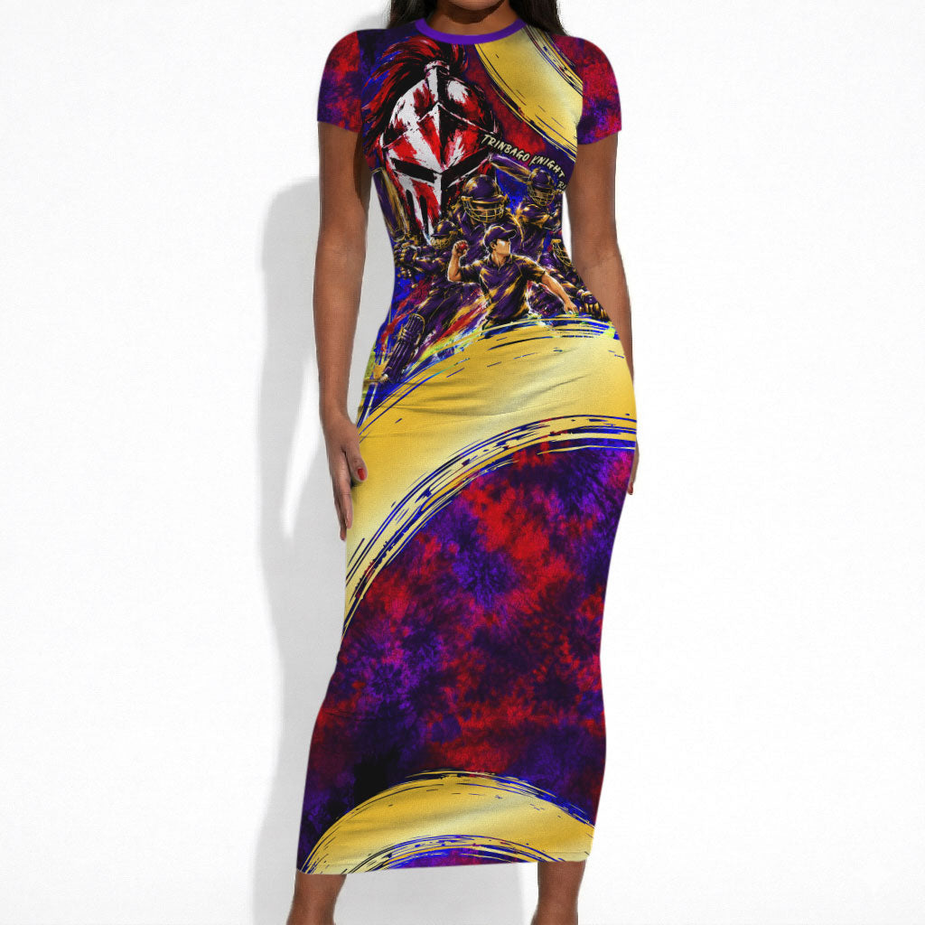 Trinbago Knight Riders Cricket Short Sleeve Bodycon Dress Trinidad and Tobago Unleash The Knight Brush Stroke