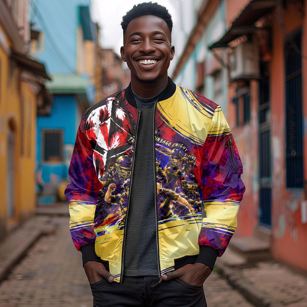 Trinbago Knight Riders Cricket Sleeve Zip Bomber Jacket Trinidad and Tobago Unleash The Knight Brush Stroke