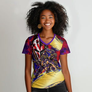 Trinbago Knight Riders Cricket Women V-Neck T-Shirt Trinidad and Tobago Unleash The Knight Brush Stroke