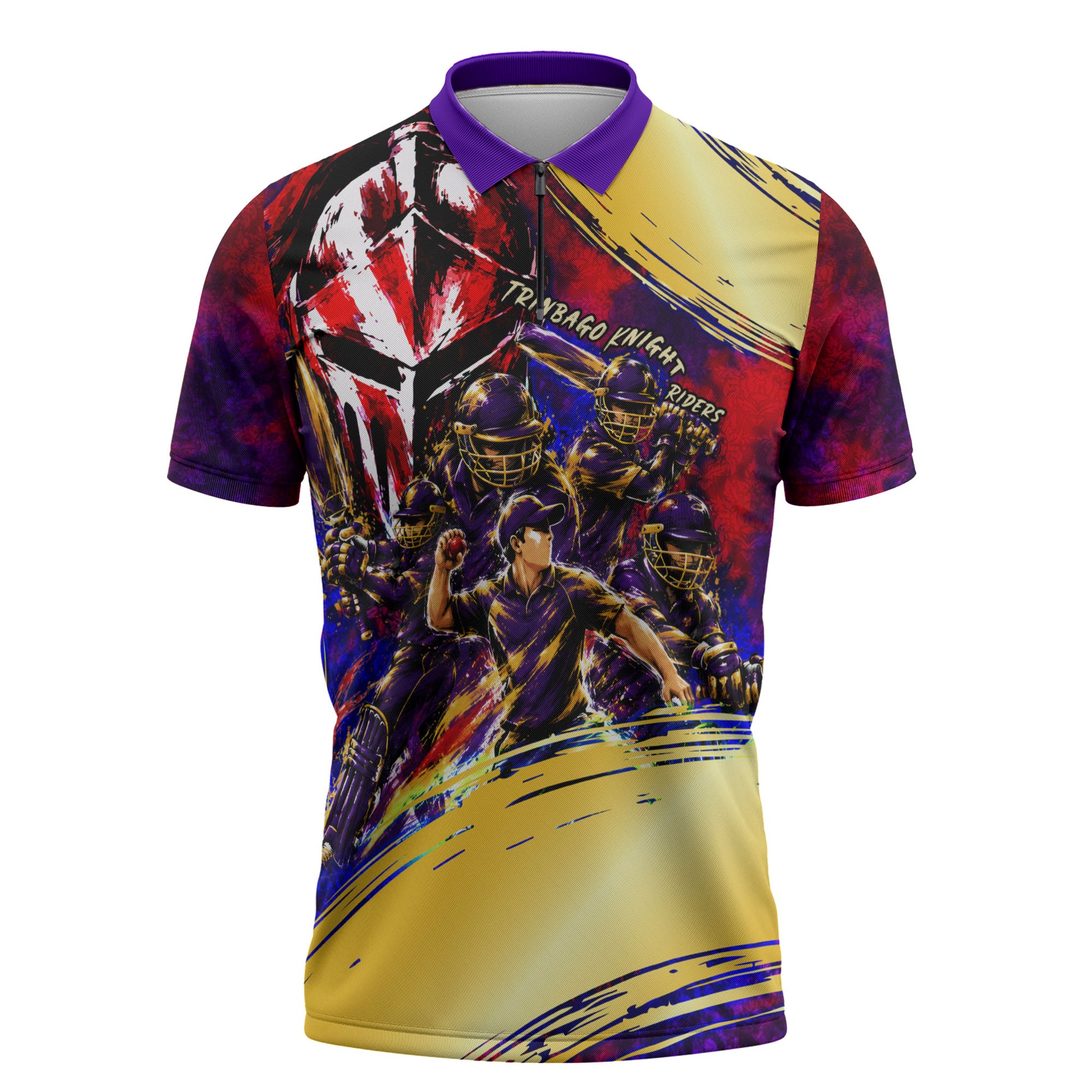 Trinbago Knight Riders Cricket Zipper Polo Shirt Trinidad and Tobago Unleash The Knight Brush Stroke