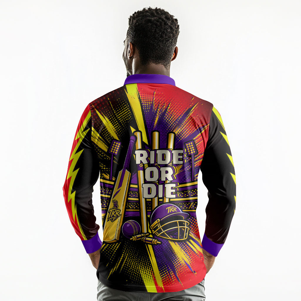 Trinidad and Tobago Cricket Long Sleeve Polo Shirt Trinbago Knight Riders - Ride Or Die Comic Halftone