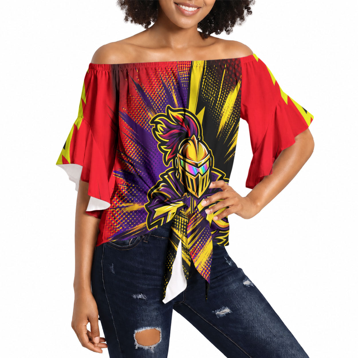 Trinidad and Tobago Cricket Off Shoulder Wrap Waist Top Trinbago Knight Riders - Ride Or Die Comic Halftone