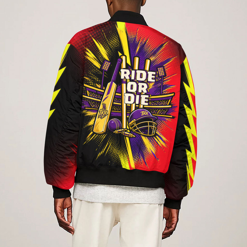 Trinidad and Tobago Cricket Sleeve Zip Bomber Jacket Trinbago Knight Riders - Ride Or Die Comic Halftone