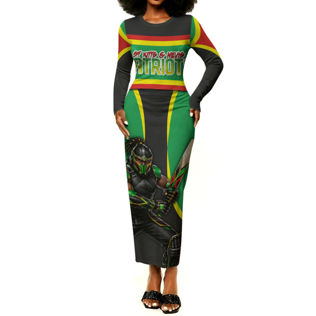 Personalized St Kitts And Nevis Patriots Long Sleeve Bodycon Dress Caribbean Cricket Player Graphic Art