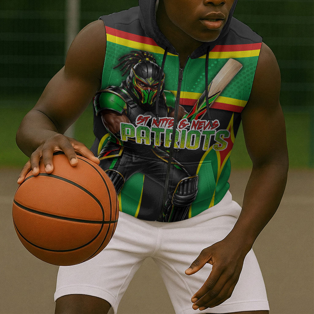 Personalized St Kitts And Nevis Patriots Sleeveless Zip Hoodie Caribbean Cricket Player Graphic Art