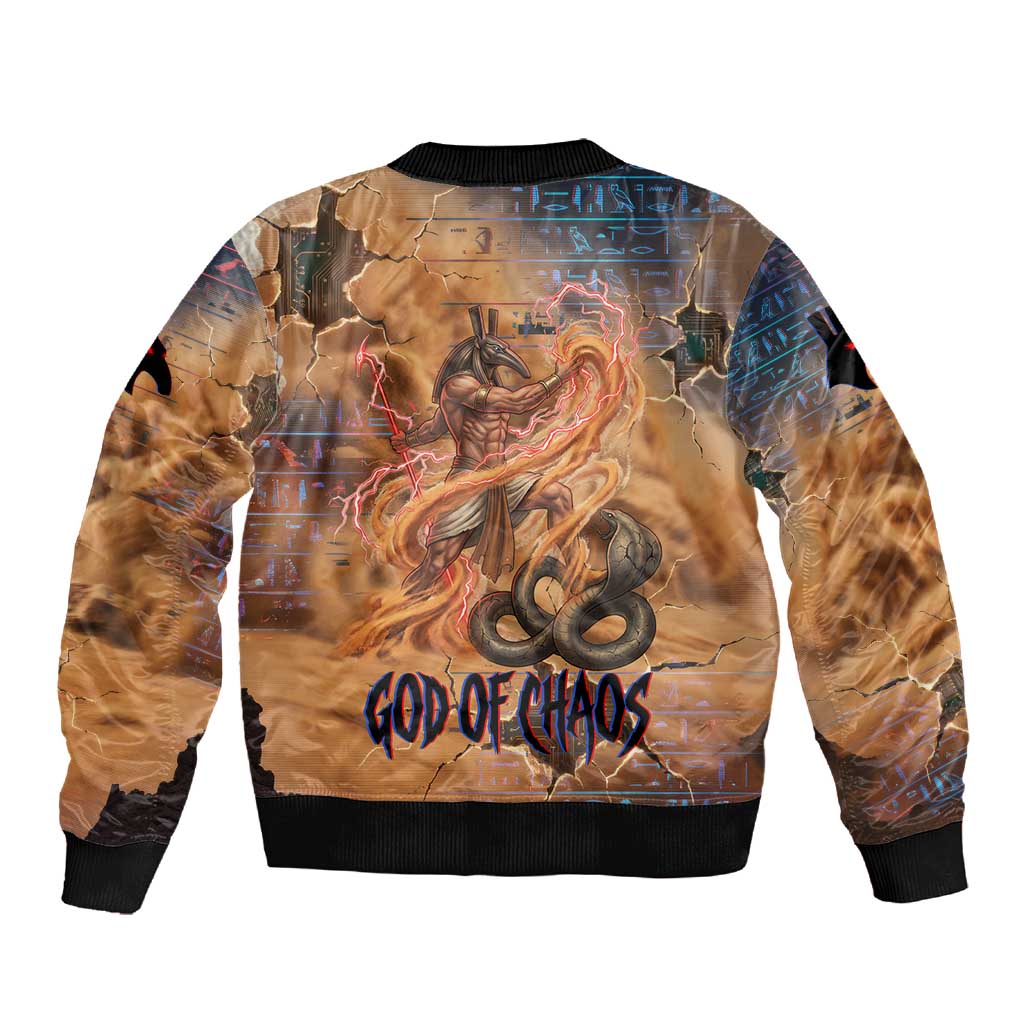 Seth Serpent Sleeve Zip Bomber Jacket Sandstorm Egyptian Chaos God in Ancient Desert Tones