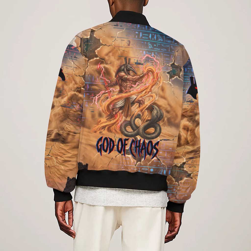 Seth Serpent Sleeve Zip Bomber Jacket Sandstorm Egyptian Chaos God in Ancient Desert Tones
