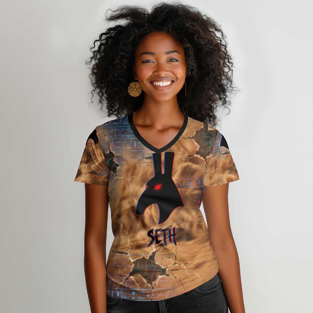 Seth Serpent Women V-Neck T-Shirt Sandstorm Egyptian Chaos God in Ancient Desert Tones