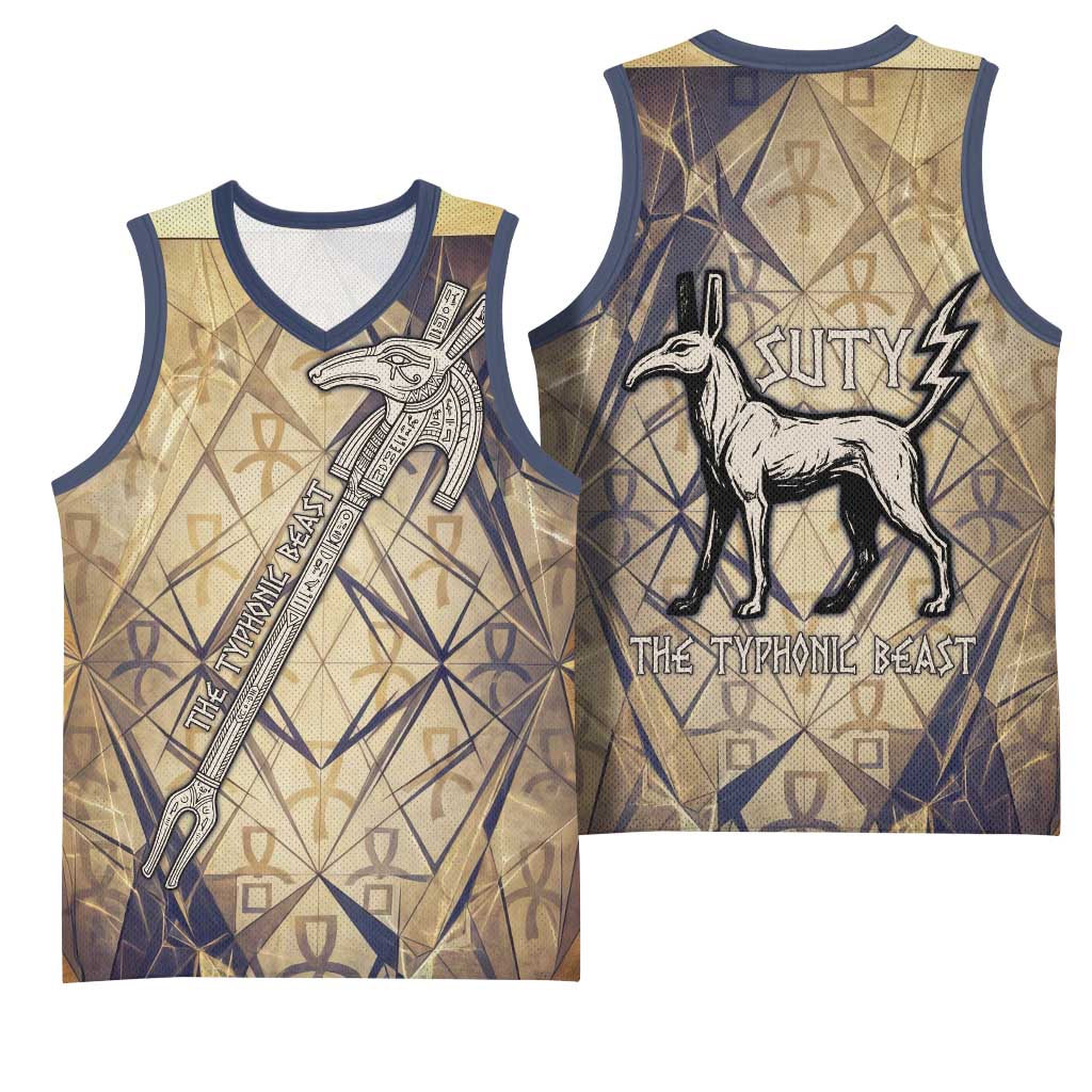 Suty Basketball Jersey with Typhonic Beast Staff Ancient Egypt Symbolism