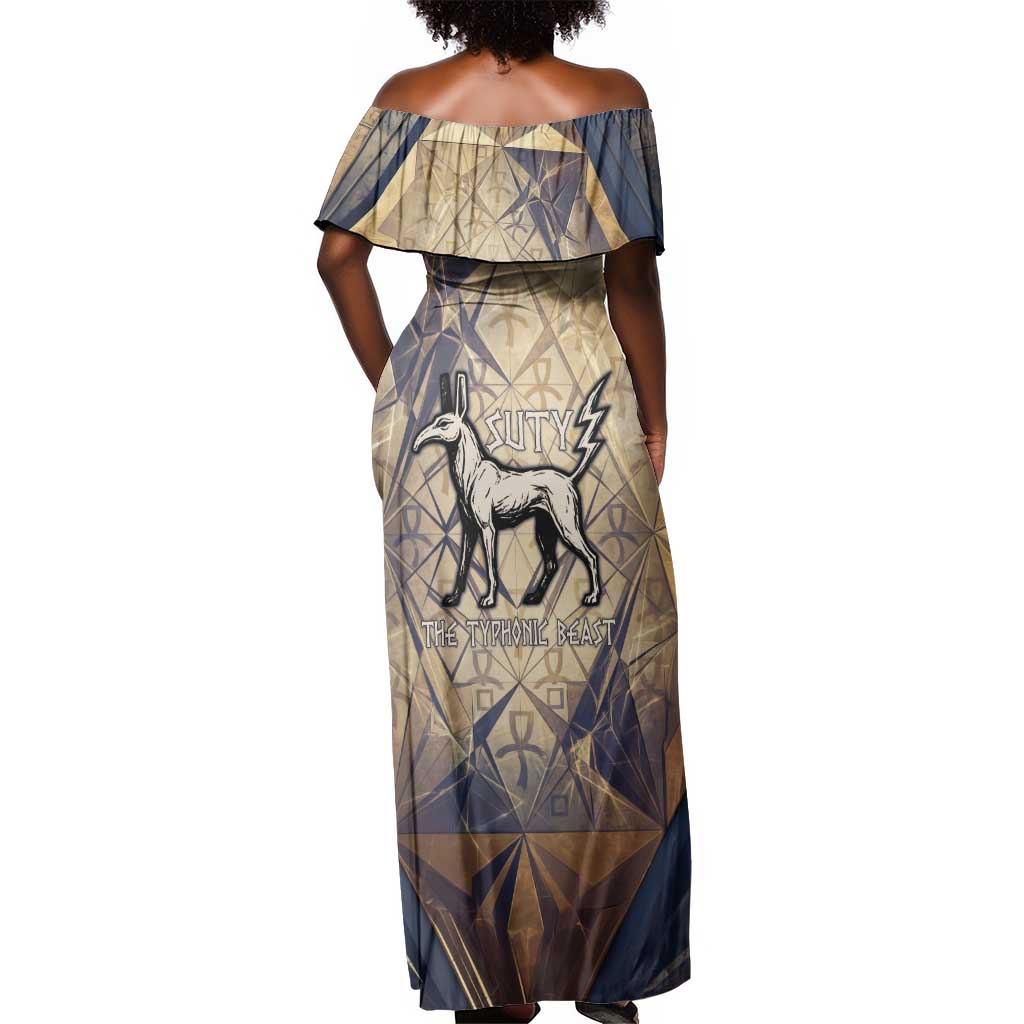 Suty Off Shoulder Maxi Dress with Typhonic Beast Staff Ancient Egypt Symbolism