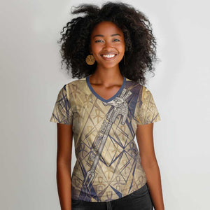 Suty Women V-Neck T-Shirt with Typhonic Beast Staff Ancient Egypt Symbolism
