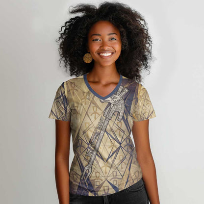 Suty Women V-Neck T-Shirt with Typhonic Beast Staff Ancient Egypt Symbolism