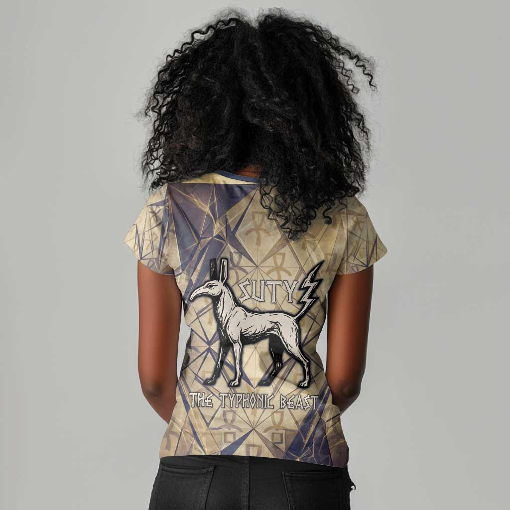 Suty Women V-Neck T-Shirt with Typhonic Beast Staff Ancient Egypt Symbolism