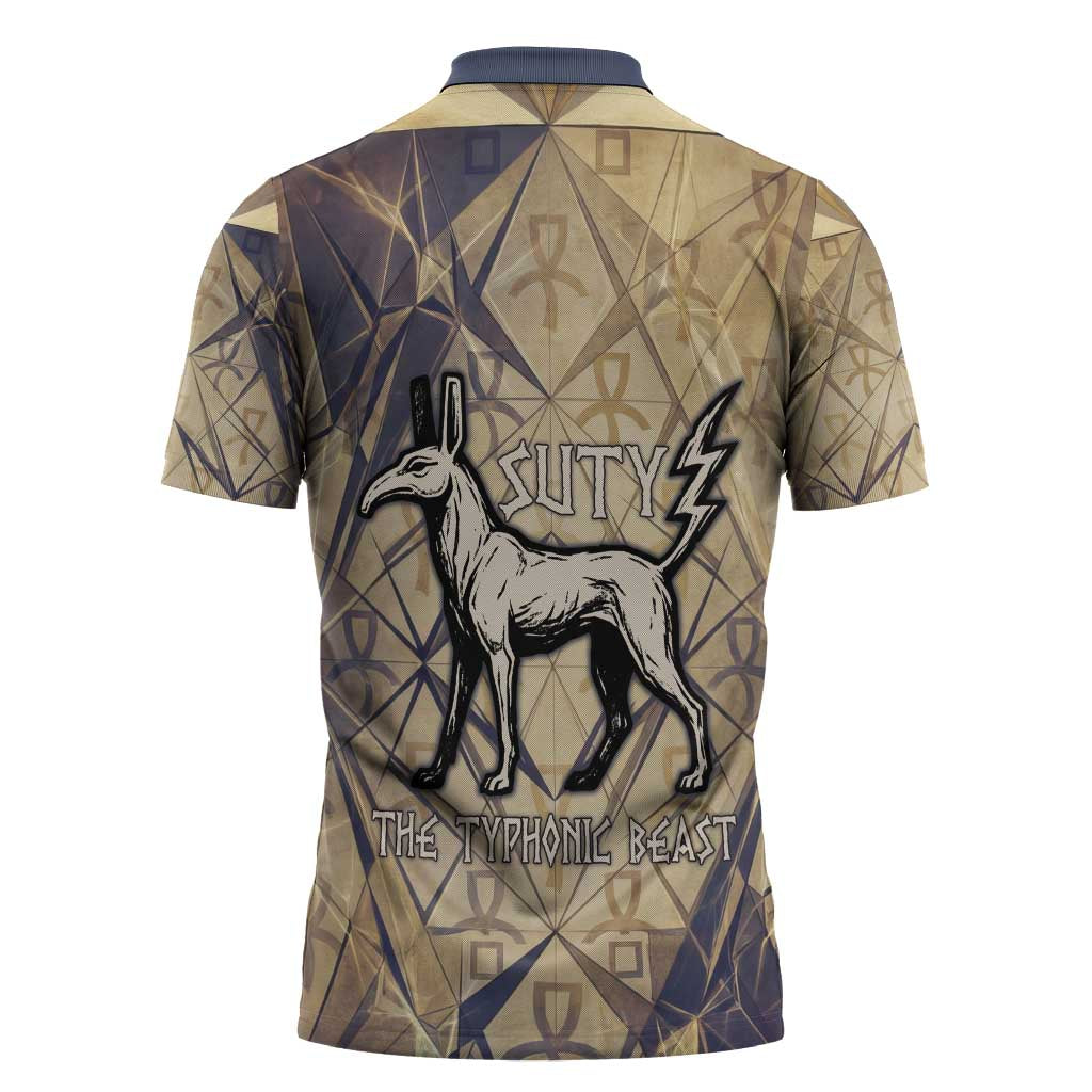 Suty Zipper Polo Shirt with Typhonic Beast Staff Ancient Egypt Symbolism