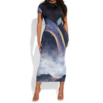 Shu Celestial Constellations Short Sleeve Bodycon Dress Rainbow Ancient Egyptian Sky Deity Theme