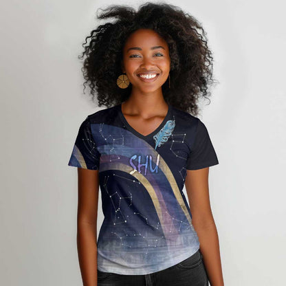 Shu Celestial Constellations Women V-Neck T-Shirt Rainbow Ancient Egyptian Sky Deity Theme
