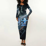 Shu Air Void Egyptian Long Sleeve Bodycon Dress with Storm God and Ankh Ancient Mythology