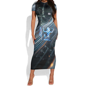 Shu Air Void Egyptian Short Sleeve Bodycon Dress with Storm God and Ankh Ancient Mythology