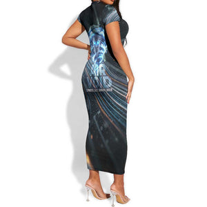 Shu Air Void Egyptian Short Sleeve Bodycon Dress with Storm God and Ankh Ancient Mythology