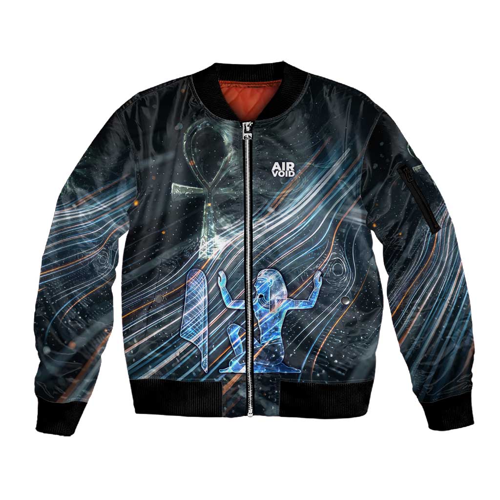 Shu Air Void Egyptian Sleeve Zip Bomber Jacket with Storm God and Ankh Ancient Mythology