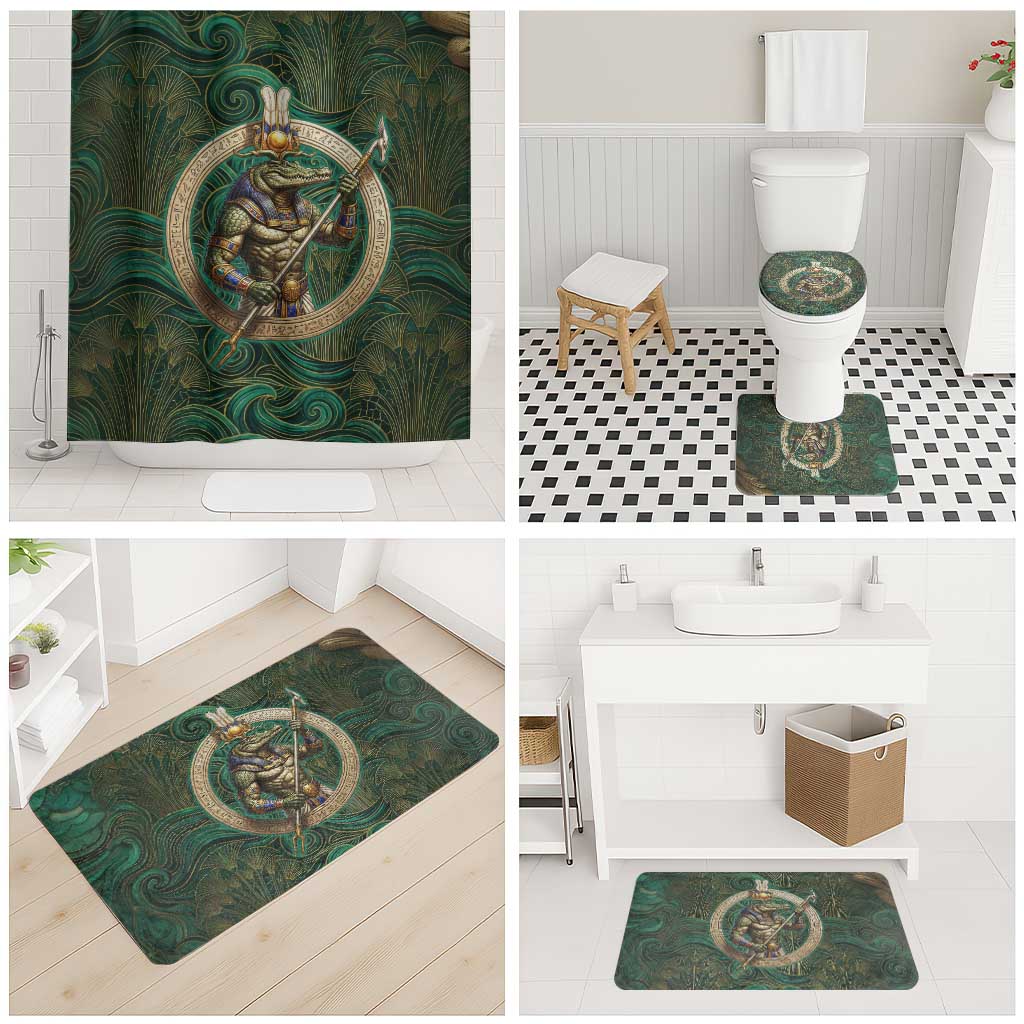 Sobek Crocodile Warrior Bathroom Set with Ankh Ancient Egyptian Motif in Emerald
